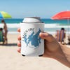 White can cooler with Leech Lake Minnesota map design held on a sunny beach.
