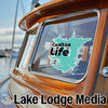 Turquoise Casitas Life sticker on boat window, with Lake Lodge Media logo.