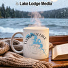 White mug with Evergreen Lake Illinois map and compass design.