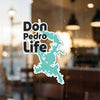 Don Pedro Life sticker with turquoise lake shape and black text.