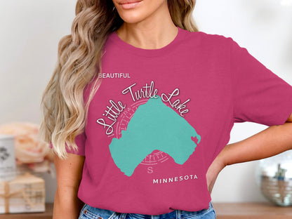 Pink t-shirt with "Little Turtle Lake Beautiful Minnesota" map outline.