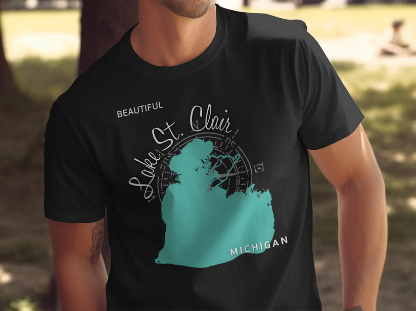 Black t-shirt with teal Lake St. Clair map and "Beautiful Michigan" text.
