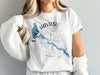 White t-shirt featuring a blue map of Lake Havasu, Arizona with a compass rose.