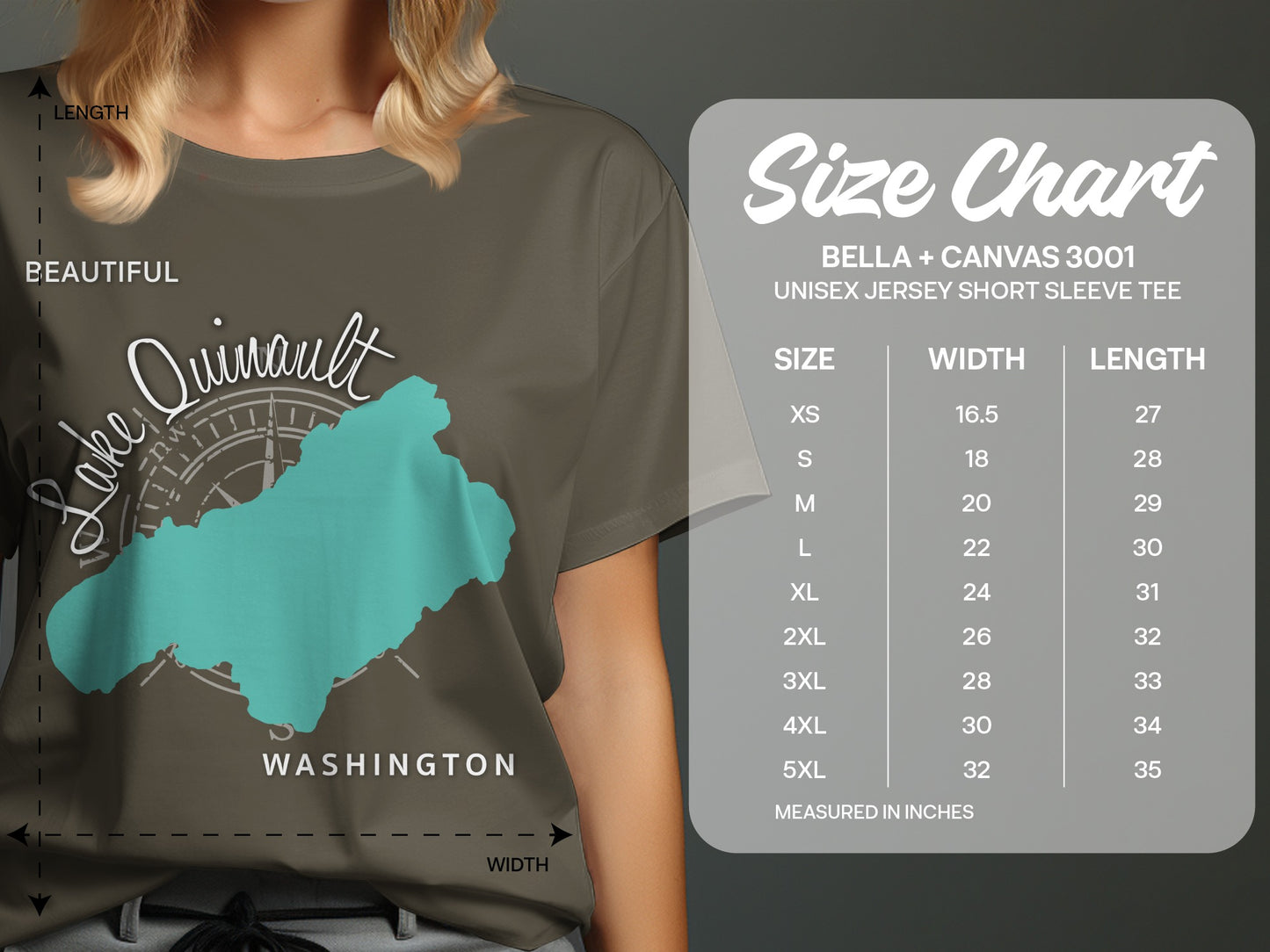 T-shirt size chart for Bella + Canvas 3001 with Lake Quinault graphic.