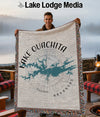 Woven blanket with Lake Ouachita map design and Arkansas text.