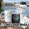 Personalizable mug, tumbler, water bottle, and coaster showing a compass rose and lake outline.