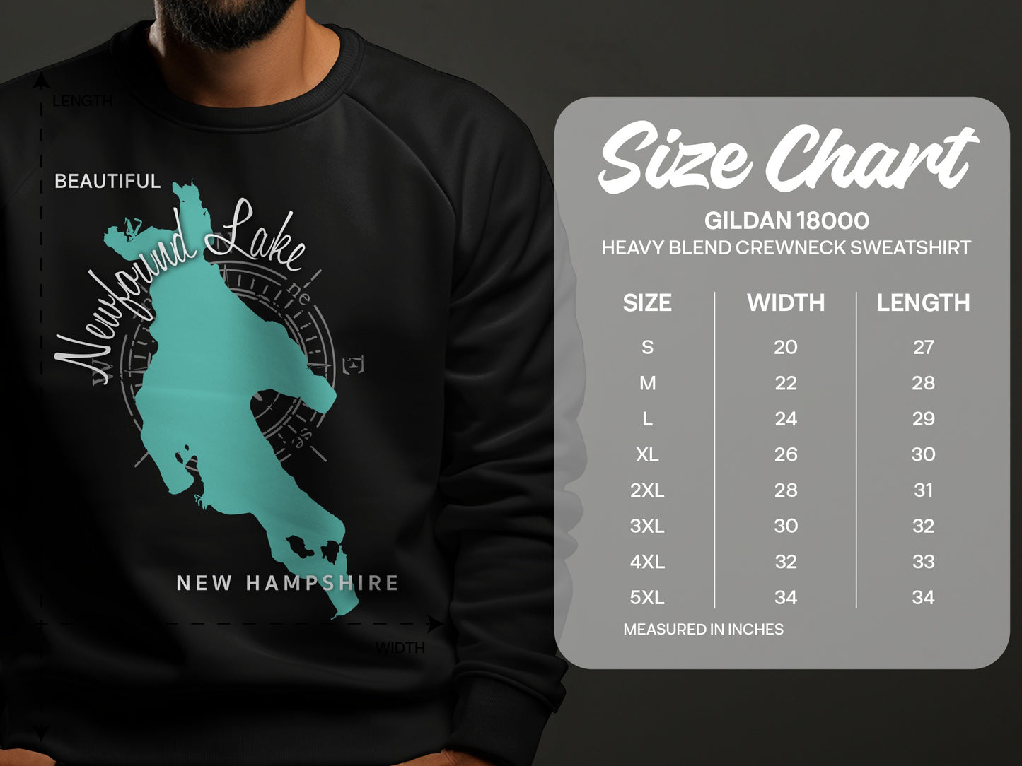 Size chart for Gildan 18000 heavy blend sweatshirt.