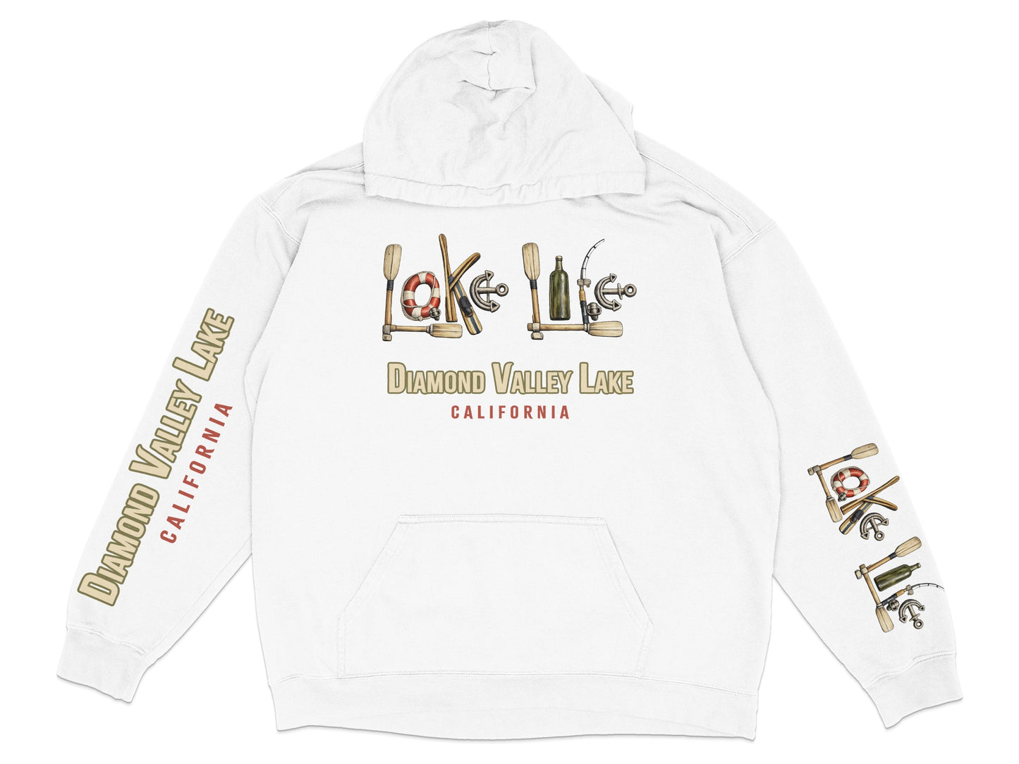 White hoodie with "Diamond Valley Lake California" graphic and paddle illustrations on sleeves.