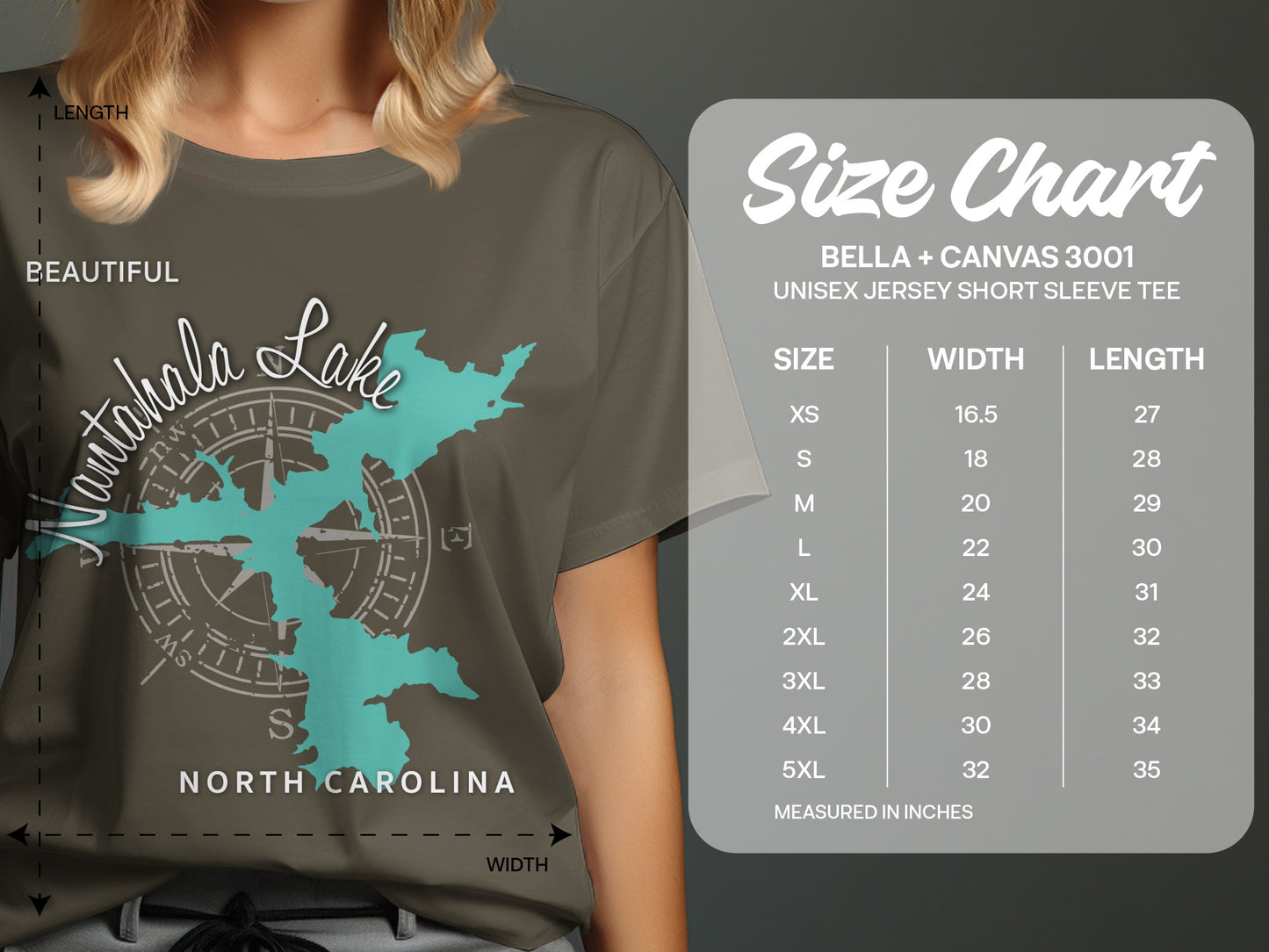 Size chart for a unisex jersey short sleeve tee, showing measurements in inches.