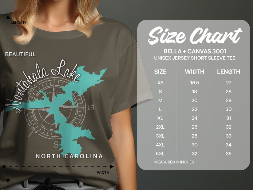 Size chart for a unisex jersey short sleeve tee, showing measurements in inches.