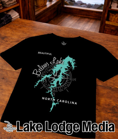 Black t-shirt with "Beautiful Belews Lake North Carolina" and compass design.