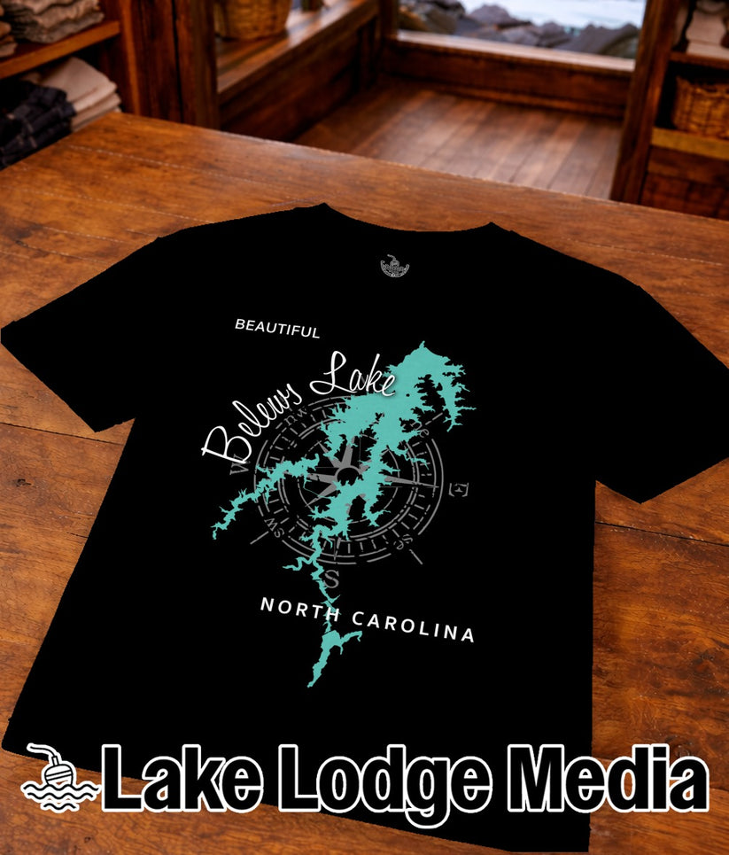 Black t-shirt with "Beautiful Belews Lake North Carolina" and compass design.