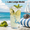 Glass with lime, mint, and ice, featuring "Lake LBJ" and compass graphic.