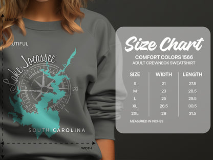 Comfort Colors 1566 sweatshirt size chart with Lake Jocassee graphic.