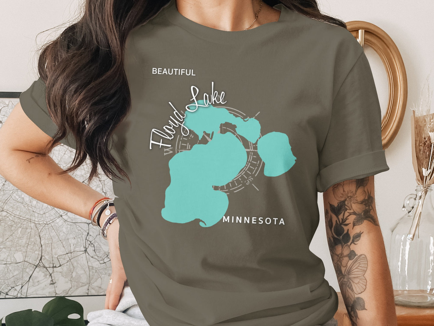 Floyd Lake Minnesota map graphic on a brown t-shirt.