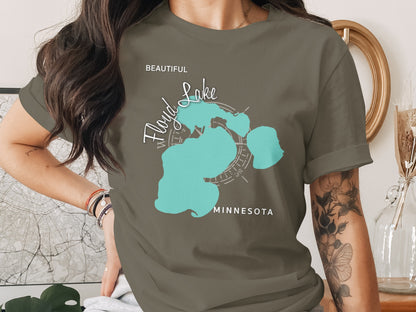 Floyd Lake Minnesota map graphic on a brown t-shirt.