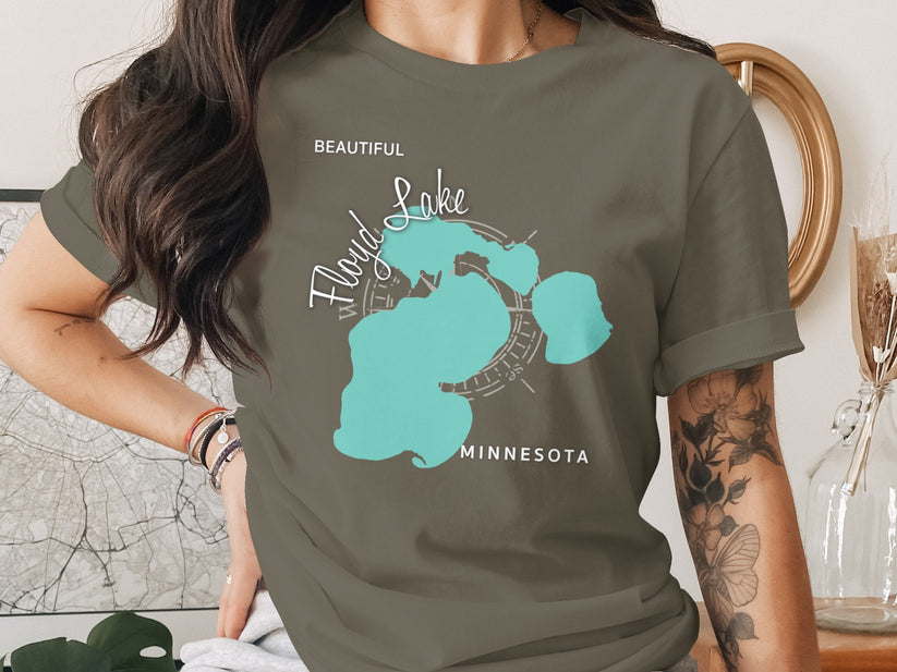 Floyd Lake Minnesota map graphic on a brown t-shirt.