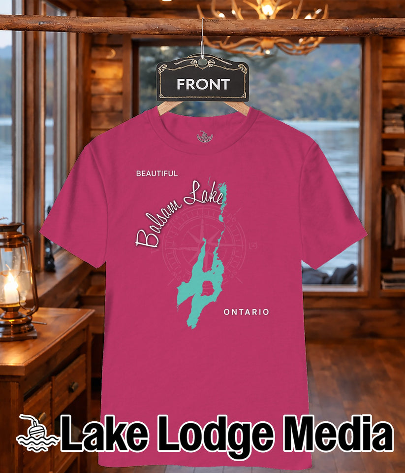 Pink t-shirt with "Balsam Lake Ontario" map graphic and "Lake Lodge Media" logo.