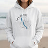 White hoodie with Cayuga Lake graphic, compass, and New York text.