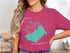 Pink t-shirt with a teal map outline of Lake Mascuppic, New Hampshire.