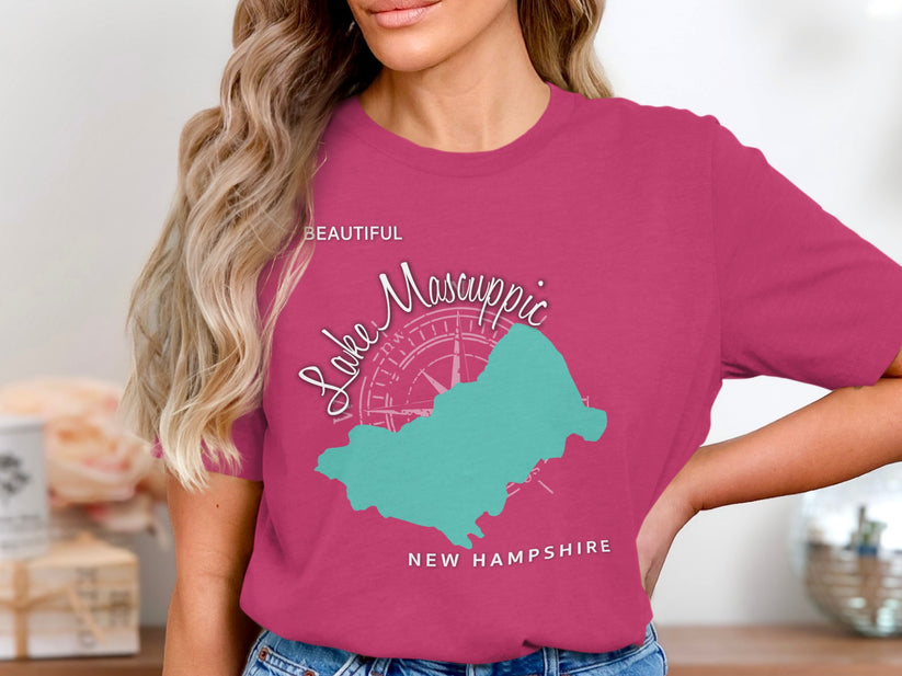 Pink t-shirt with a teal map outline of Lake Mascuppic, New Hampshire.