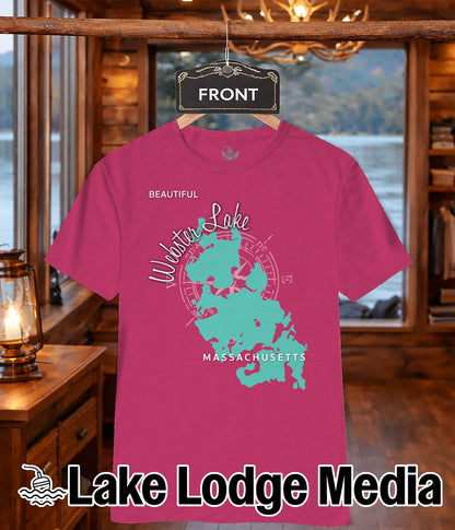 Magenta t-shirt with "Webster Lake Massachusetts" map graphic and "Lake Lodge Media" text.