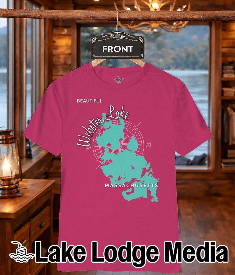 Magenta t-shirt with "Webster Lake Massachusetts" map graphic and "Lake Lodge Media" text.