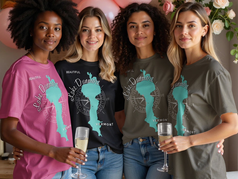 Four women in t-shirts featuring Lake Dunmore, Vermont map design.