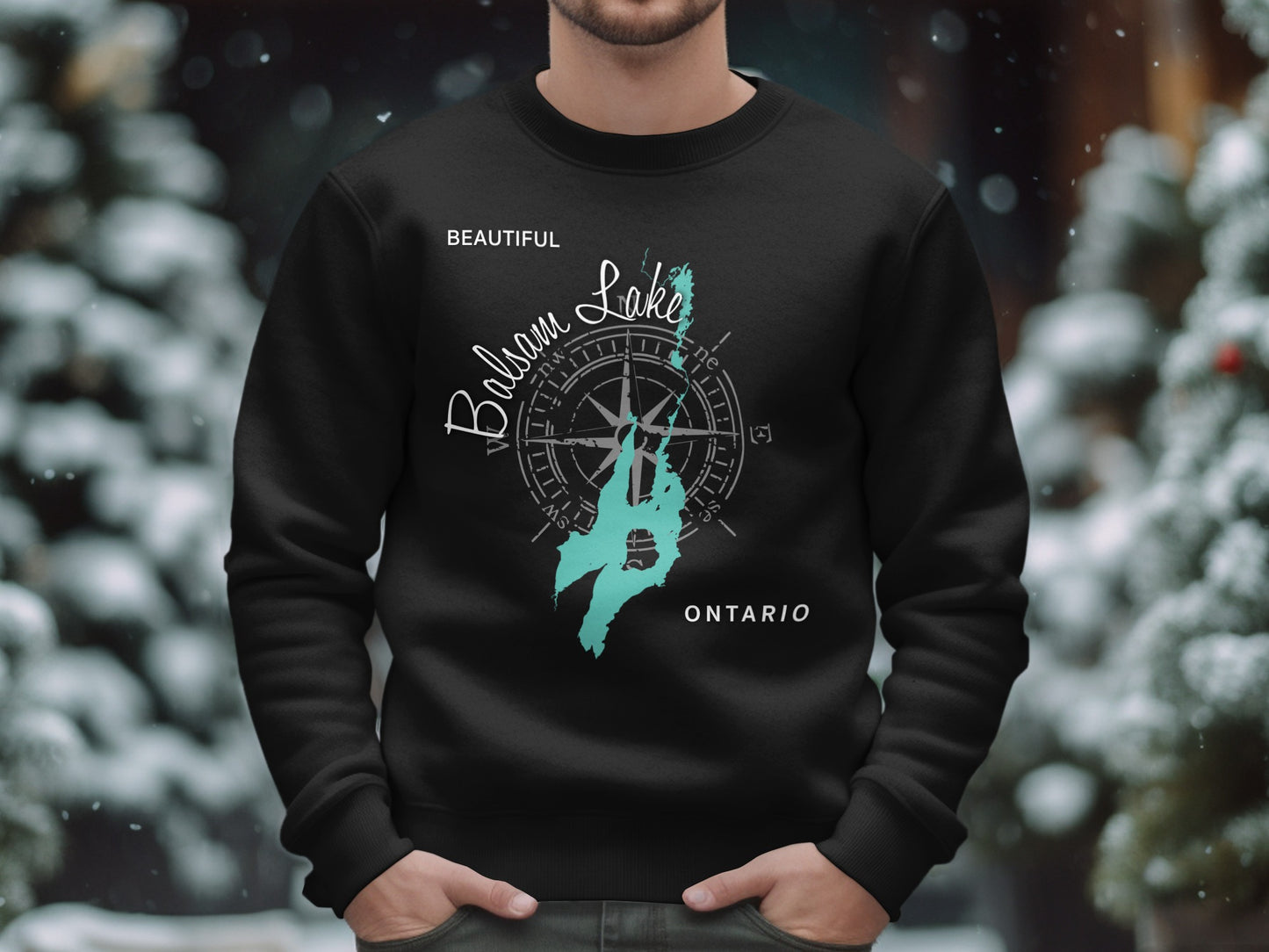 Black sweatshirt with "Beautiful Balsam Lake Ontario" and teal map graphic.