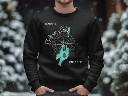 Black sweatshirt with "Beautiful Balsam Lake Ontario" and teal map graphic.
