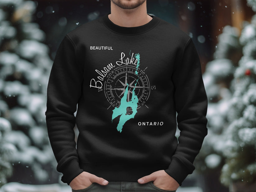 Black sweatshirt with "Beautiful Balsam Lake Ontario" and teal map graphic.