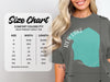 Comfort Colors heavyweight adult tee size chart with width and length measurements in inches.