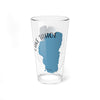 Clear glass pint glass with blue Lake Tahoe map graphic and text.