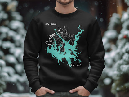 Black sweatshirt featuring a teal map of Lake Lanier with "Beautiful Lake Lanier Georgia" text.