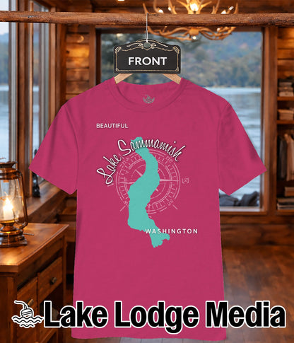 Pink t-shirt with "Lake Sammamish Washington" map graphic.