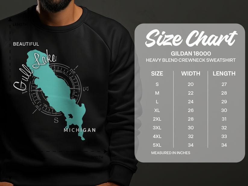Gull Lake Michigan graphic on black sweatshirt with size chart.