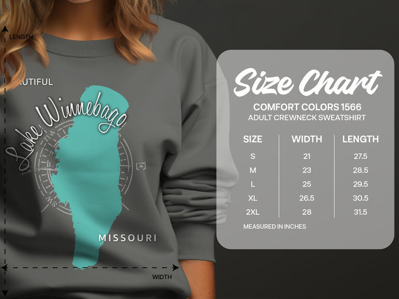 Size chart for Comfort Colors 1566 adult crewneck sweatshirt.
