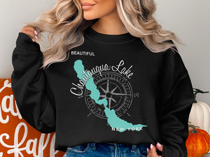 Black sweatshirt with a Chautauqua Lake, NY map and compass graphic.