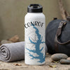 White water bottle with "CONROE" text and blue lake outline over compass rose.
