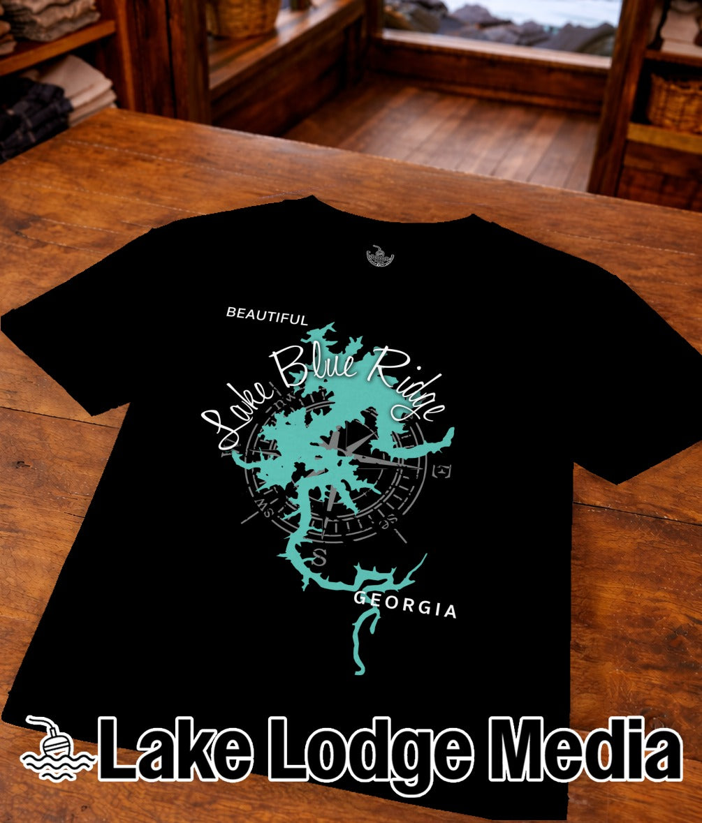 Black t-shirt with a turquoise compass and map of Lake Blue Ridge, Georgia.