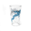 Glass with blue map of Arcadia Lake, Oklahoma and compass design.