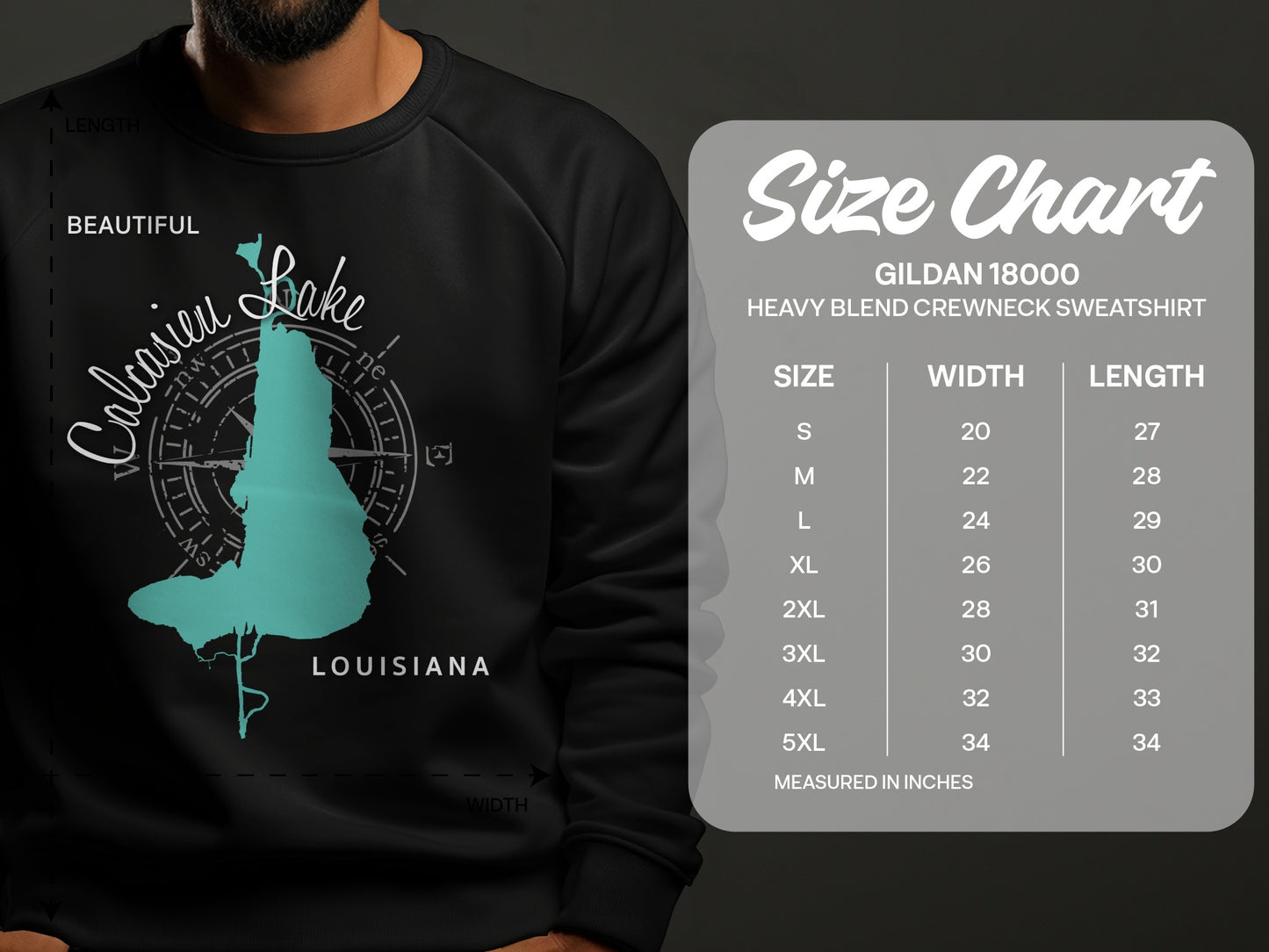 Sweatshirt with Calcasieu Lake map and size chart for Gildan 18000 crewneck.