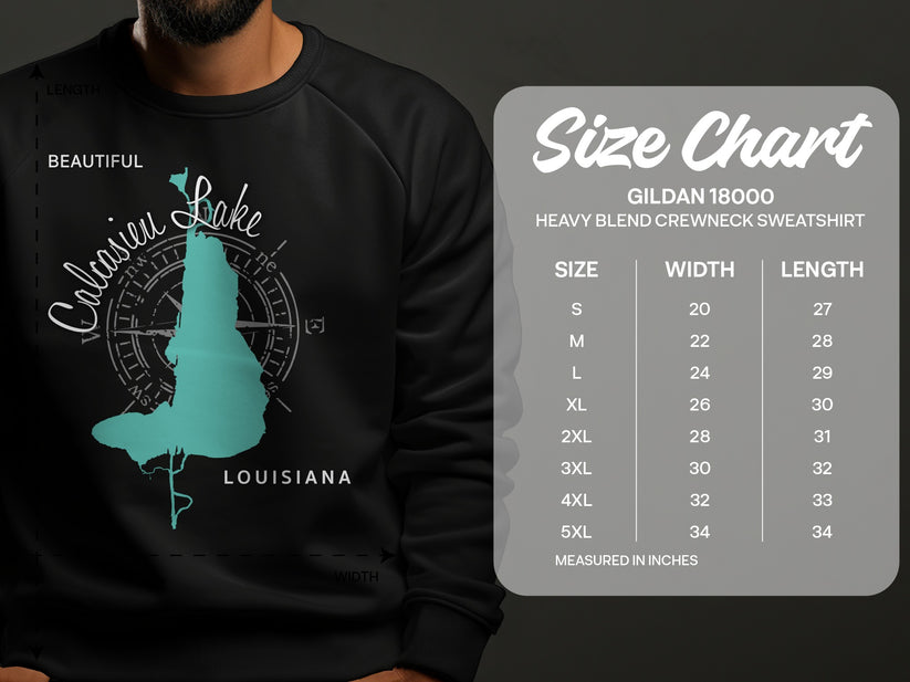 Sweatshirt with Calcasieu Lake map and size chart for Gildan 18000 crewneck.