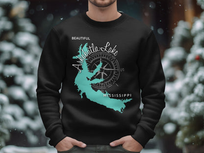 Black sweatshirt with Arkabutla Lake, Mississippi map and compass design.