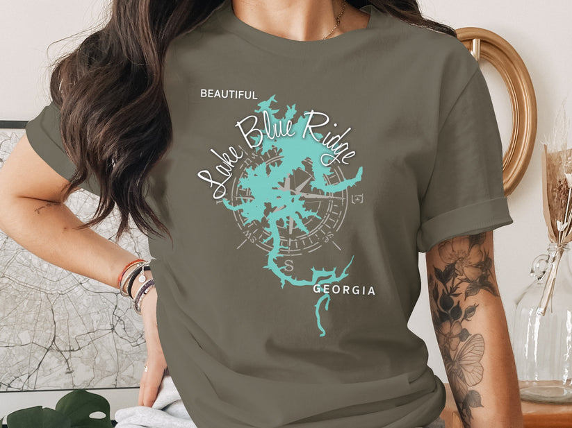 Lake Blue Ridge Georgia map graphic on a woman's grey t-shirt.