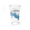 Clear glass pint glass with a blue map of Lake Wawasee and compass graphic.