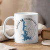 White mug with Eagle Mountain Lake Texas map and compass design.