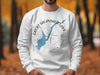 White sweatshirt with Great Sacandaga Lake map and compass design, New York.