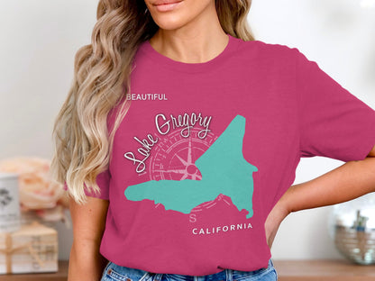 Pink t-shirt with Lake Gregory California graphic and compass rose.