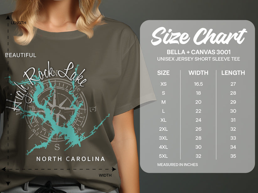 T-shirt with Rock Lake graphic and North Carolina text, shown with size chart.